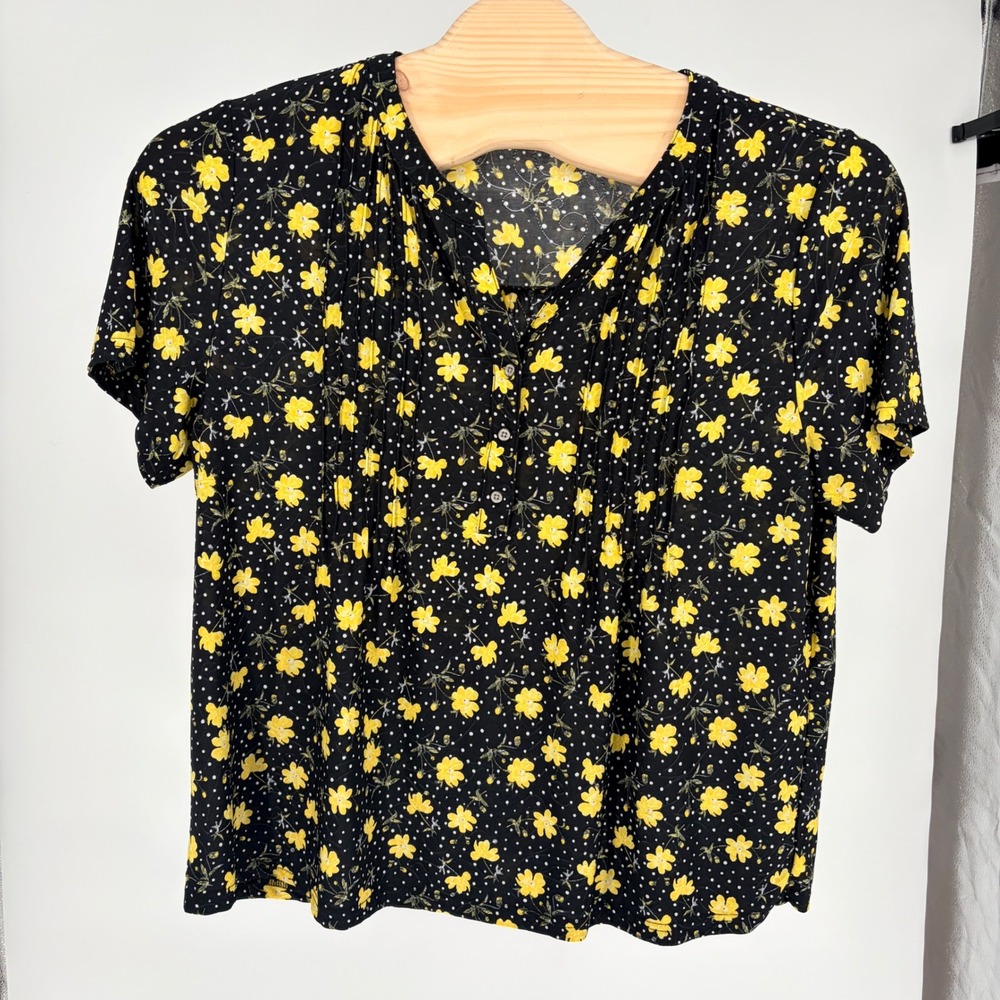 Napa Valley Henley Blouse XL Black Yellow Floral Polka Dot Pintuck Short Sleeve